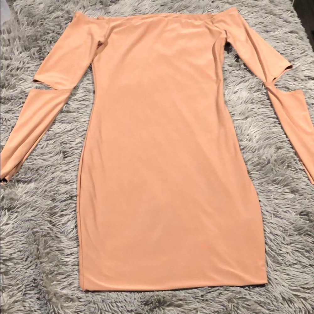 Tan off the shoulder dress